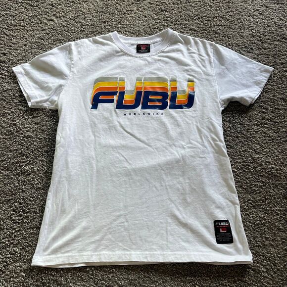 VTG Y2K FUBU Worldwide Graphic T Shirt White Mens Size Small - Picture 1 of 8